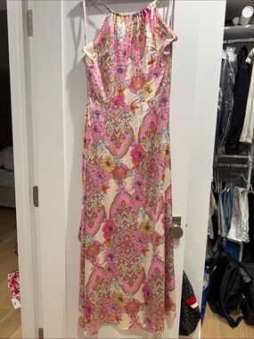 Sleeveless Pink Floral Maxi Dress with Paisley Motif